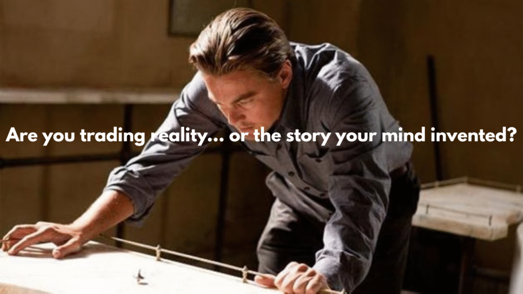 Are you trading reality A symbolic Inception-style totem spinning on a desk beside market charts, representing the investor’s struggle to distinguish reality from the stories their mind creates.