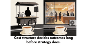 Illustration of two tea stalls on the same street, one a small pushcart and the other a modern café, representing different cost structures and business outcomes.