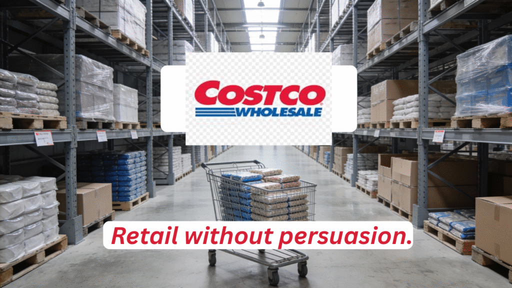 Costco business model illustrated by a calm warehouse aisle with bulk goods and a shopping cart, showing retail without persuasion