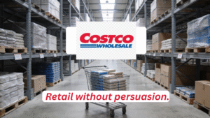 Costco business model illustrated by a calm warehouse aisle with bulk goods and a shopping cart, showing retail without persuasion