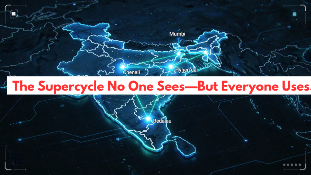 Futuristic digital map of India illuminated like a circuit board with glowing data nodes and fiber-optic connections, representing the country’s rapidly growing data centre and cloud infrastructure.