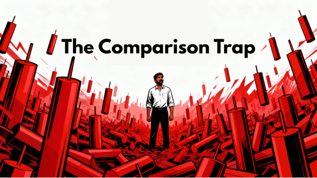 Illustration of an investor stuck in red losses and trying to grab someone else’s green portfolio gains, depicting the harmful effects of portfolio comparison