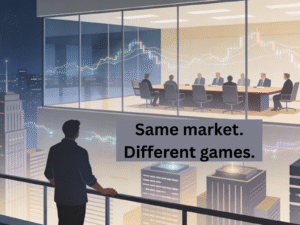 Illustration showing retail investors vs institutional investors observing the same financial market from different perspectives, highlighting differences in scale and approach.