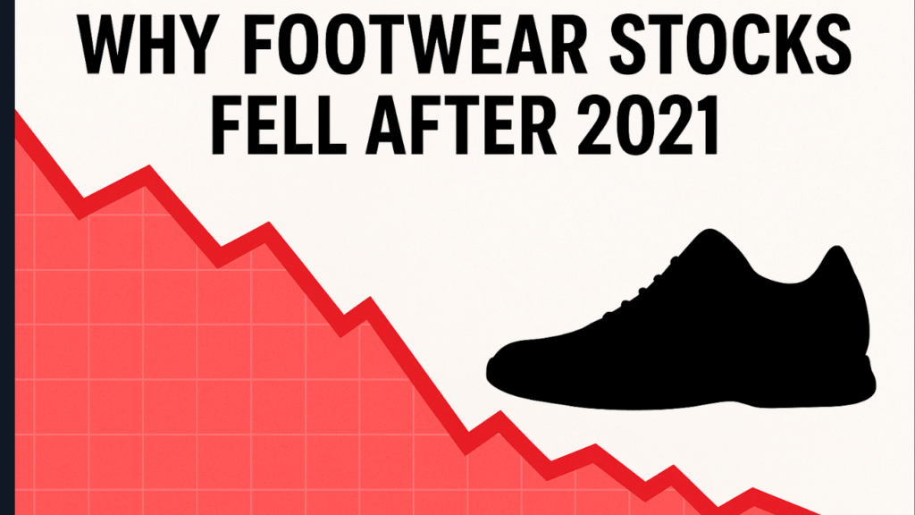Illustration showing a downward-sloping red stock market graph with a black sneaker silhouette, symbolizing the decline in footwear stocks after 2021.