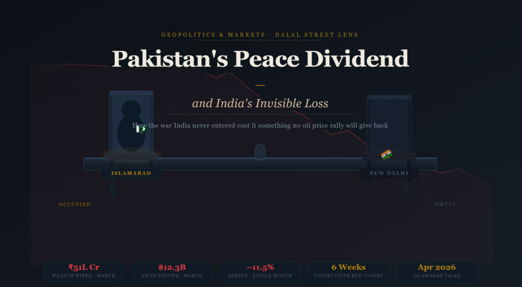 Editorial illustration of a diplomatic table with Pakistan's occupied chair and India's empty chair, representing India's absence from the 2026 Islamabad peace talks and its impact on the Indian stock market